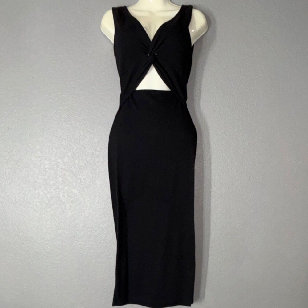 Black Cut Out Ribbed Midi Dress Sleeveless Side Slit Pullover Stretch